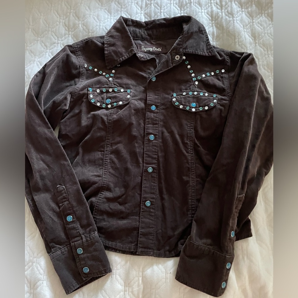 Squeeze Girls size 12/14 snap-down brown corduroy shirt with embellishments